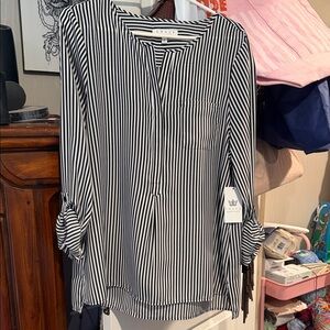 Chaus Black & White Vertical Stripe V-Neck Blouse